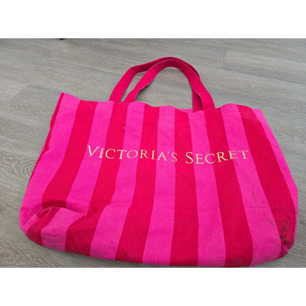 Victoria's Secret Pink Striped‎ Canvas Tote Bag Large Zipper Travel Beach Bag